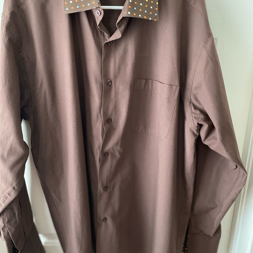 Long sleeve men’s button down multi colored dot pattern